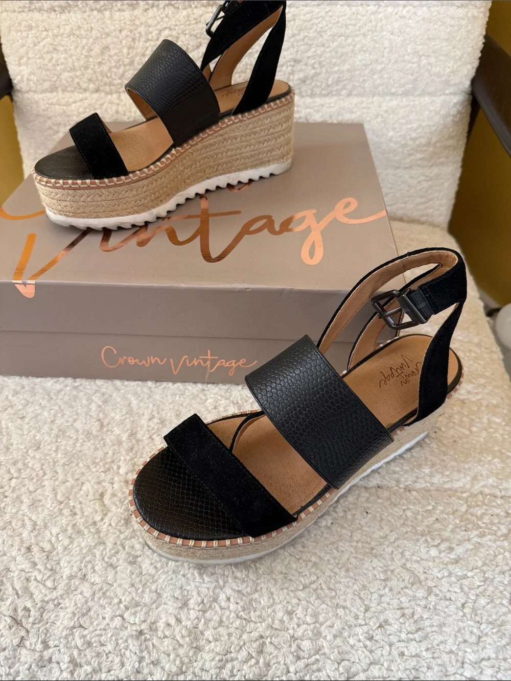 Crown Vintage Black Espadrille Platform Wedge Sandals - Size 7.5M